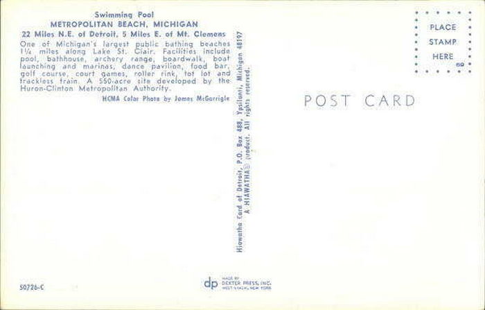 Lake St. Clair Metropark (Metro Beach, Metropolitan Beach) - Vintage Postcard Back (newer photo)